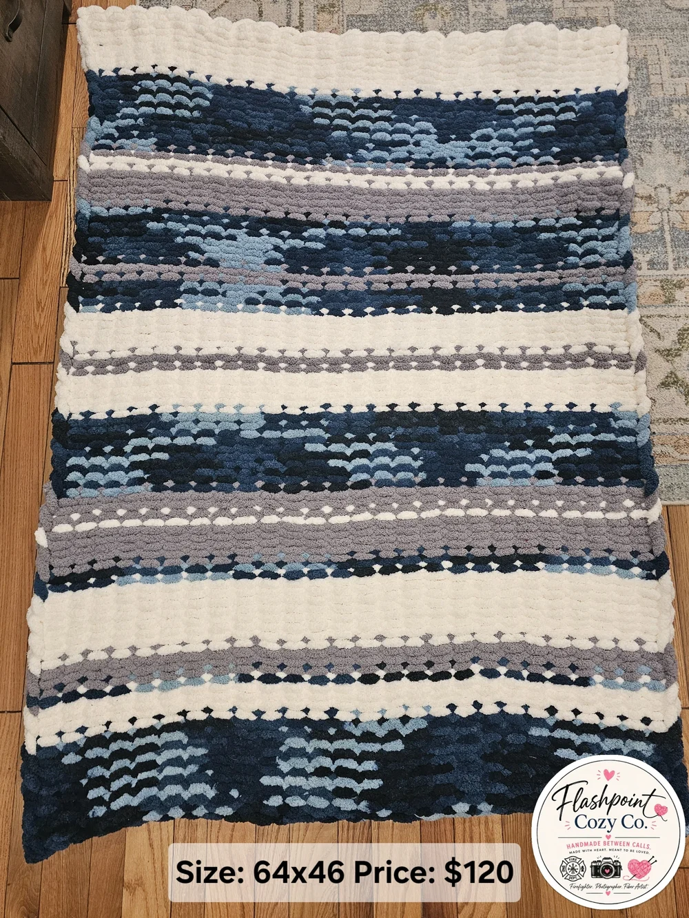 Handmade Chunky Throw Blanket - Navy, White & Gray